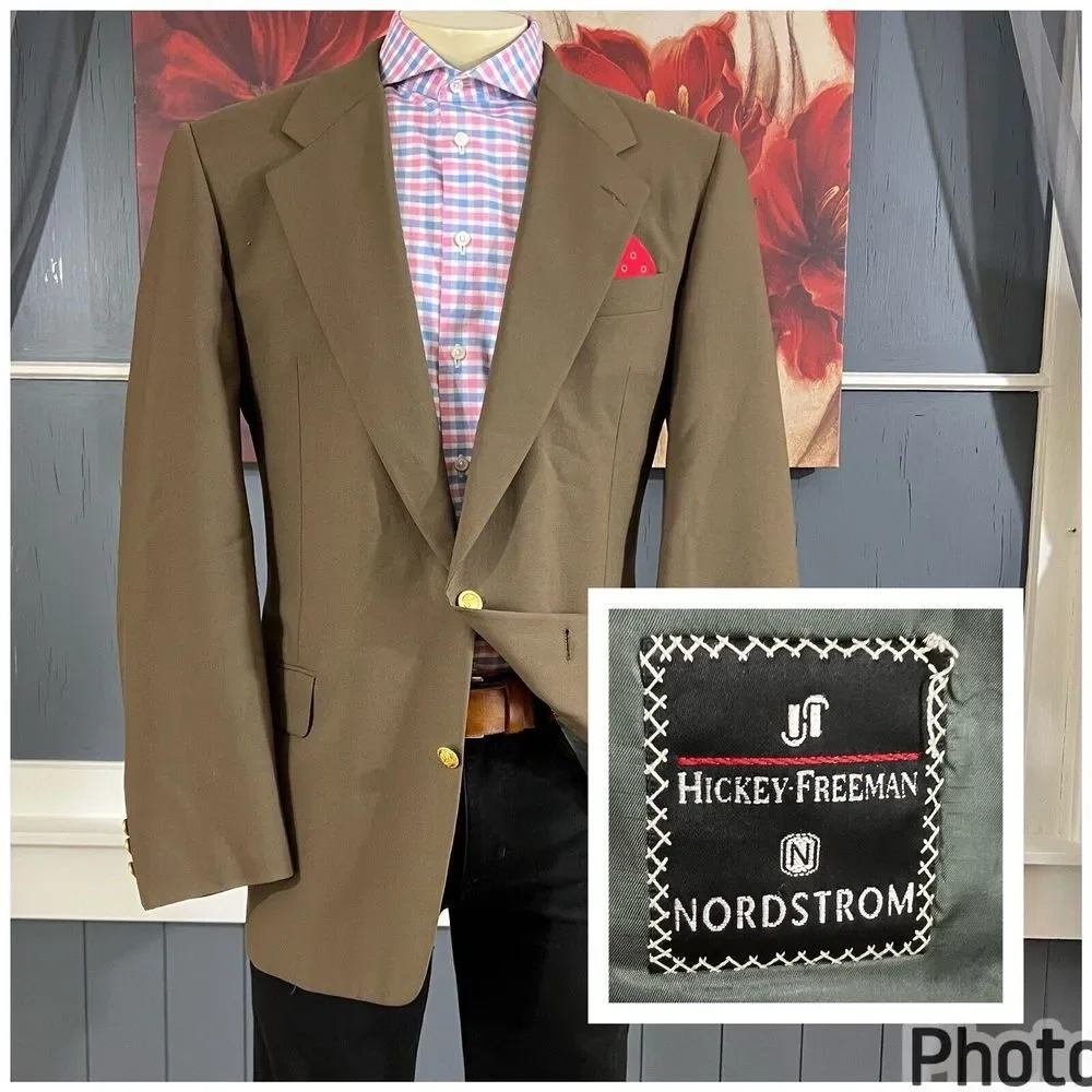 Hickey Freeman Canterbury Blazer Men 43L Long Wool Golden Buttons Jacket Stretch